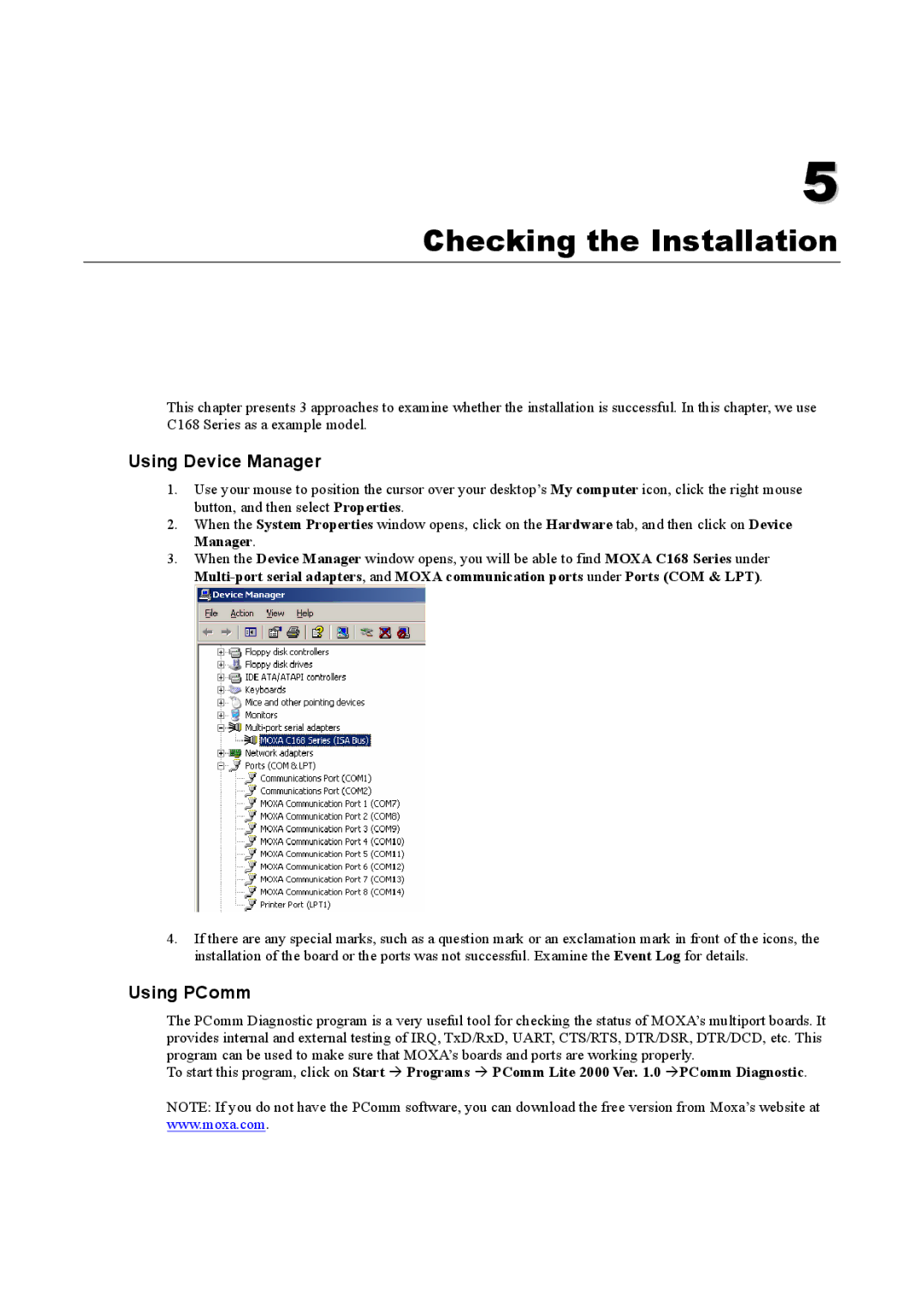 Moxa Technologies Windows 2003 Driver manual Checking the Installation, Using Device Manager 