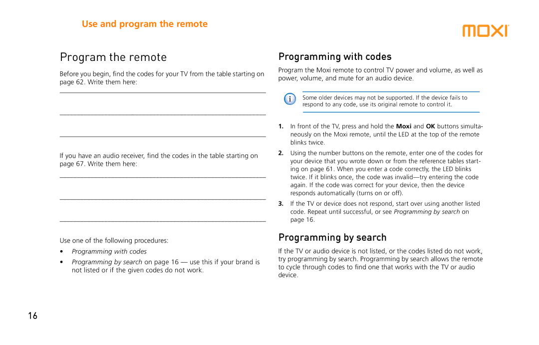 Moxi 3012 manual Program the remote, Programming with codes, Programming by search 