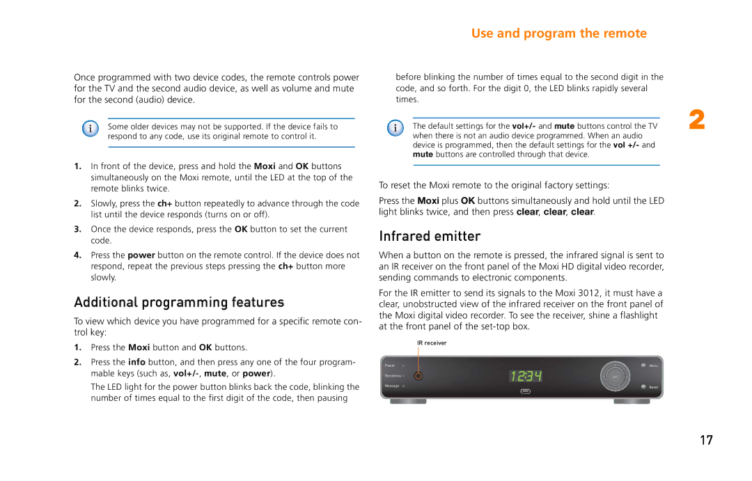 Moxi 3012 manual Additional programming features, Infrared emitter 