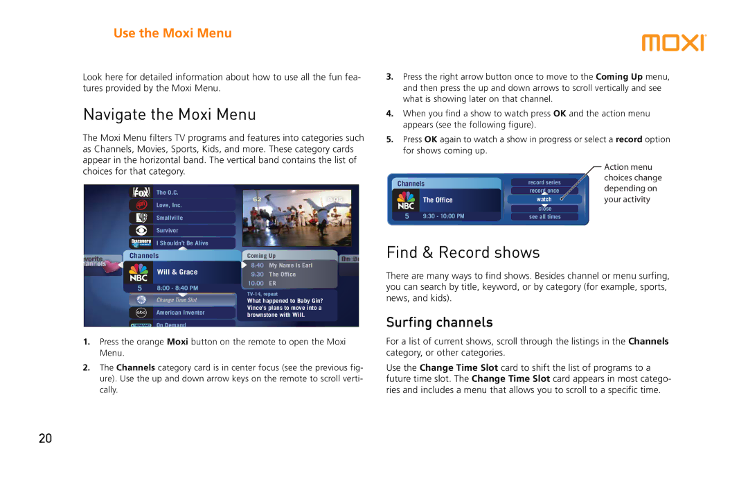 Moxi 3012 manual Navigate the Moxi Menu, Find & Record shows, Surfing channels 