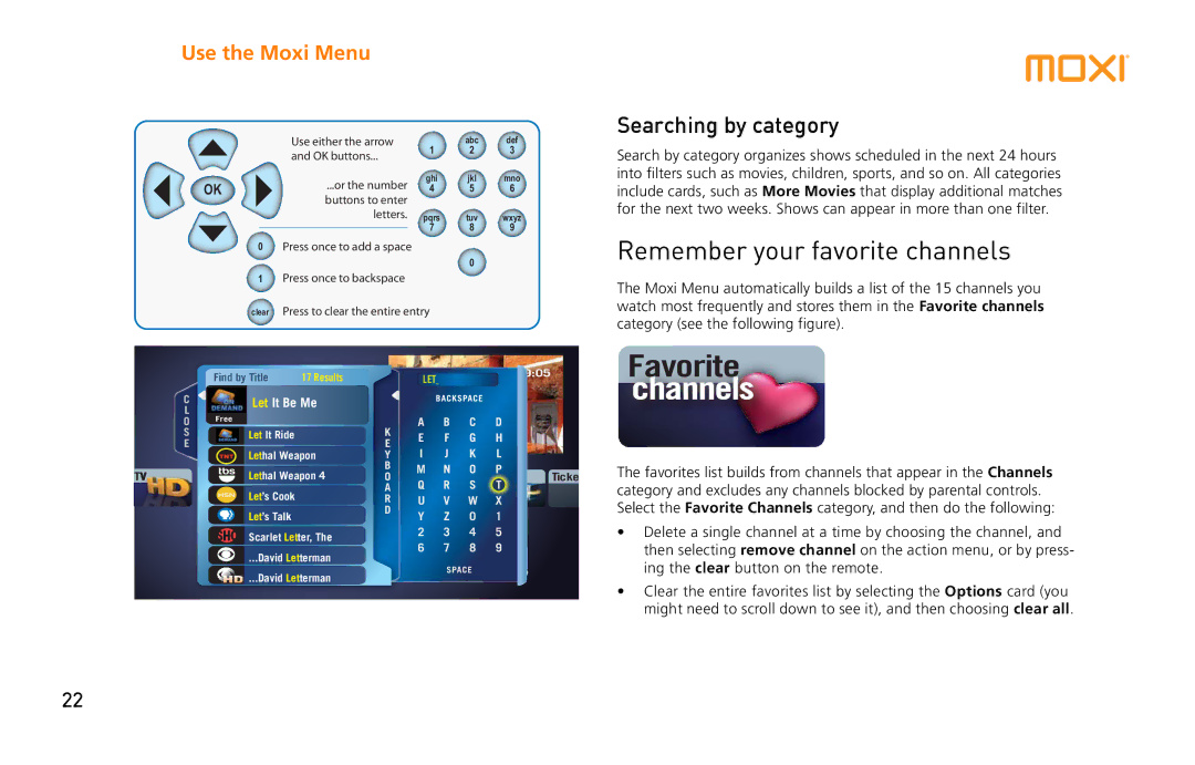 Moxi 3012 manual Remember your favorite channels, Searching by category 