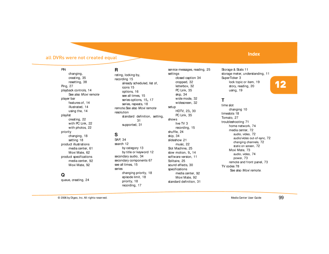 Moxi Version 4.1 manual Media center, Remote and front panel, 73 TV codes 