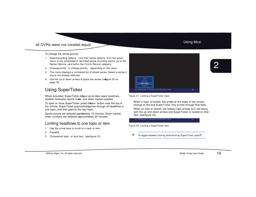 Moxi Version 4.1 manual Using SuperTicker, Limiting headlines to one topic or item, To change the series priority 