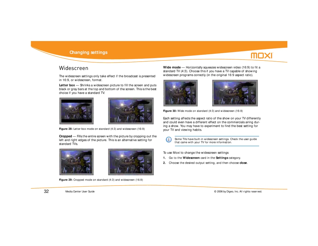 Moxi Version 4.1 manual Widescreen, To use Moxi to change the widescreen settings 