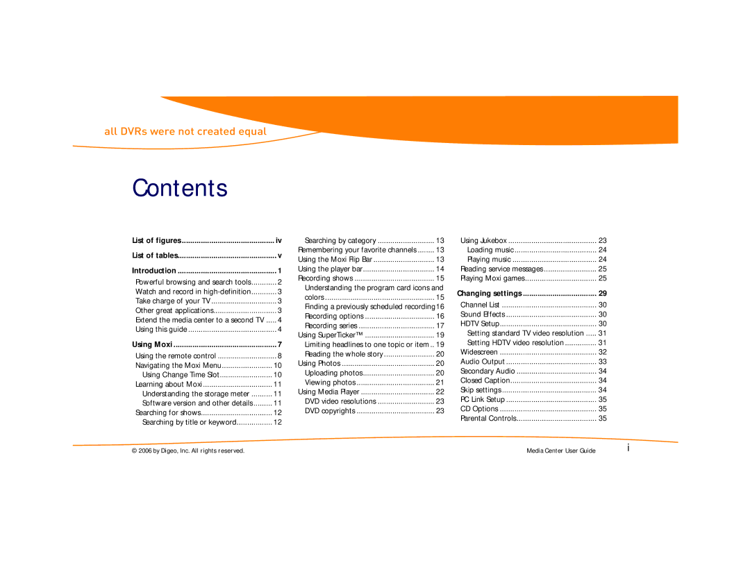 Moxi Version 4.1 manual Contents 