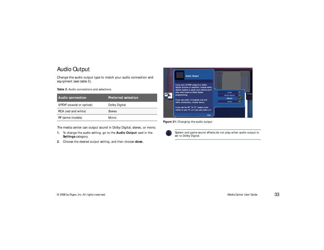 Moxi Version 4.1 manual Audio Output, Audio connection Preferred selection 