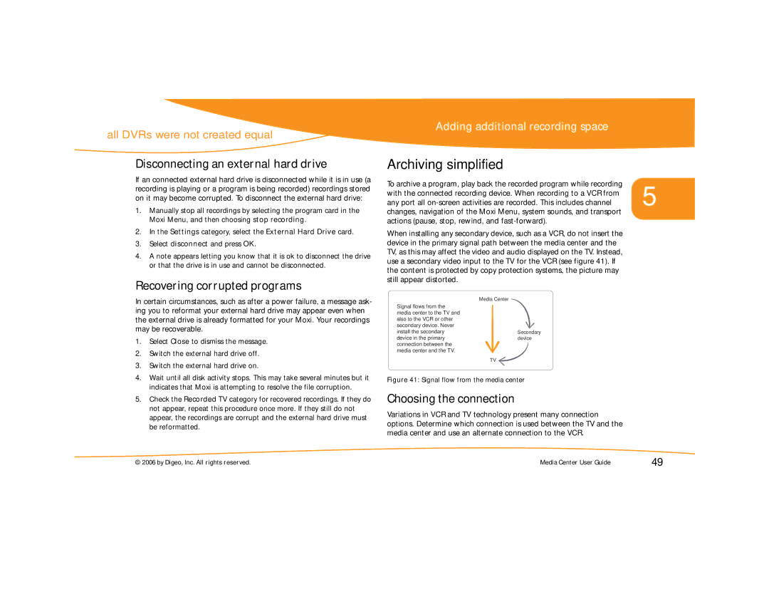 Moxi Version 4.1 manual Archiving simplified, Disconnecting an external hard drive, Recovering corrupted programs 