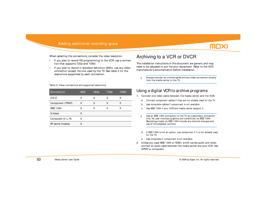 Moxi Version 4.1 manual Archiving to a VCR or Dvcr, Using a digital VCR to archive programs 