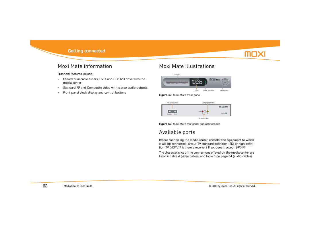 Moxi Version 4.1 manual Moxi Mate information, Moxi Mate illustrations, Available ports 