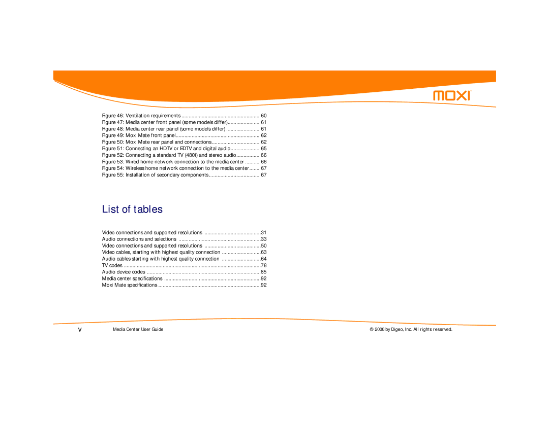 Moxi Version 4.1 manual List of tables 