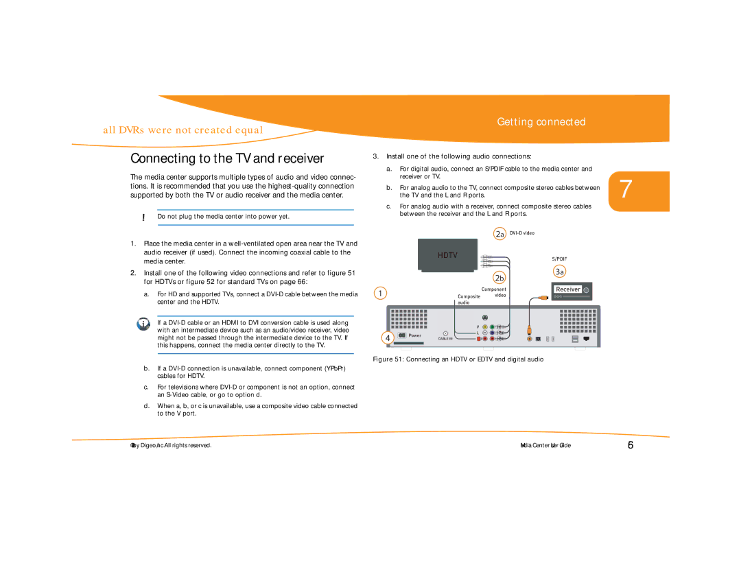 Moxi Version 4.1 manual Connecting to the TV and receiver, Install one of the following audio connections 