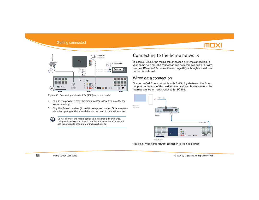 Moxi Version 4.1 manual Connecting to the home network, Wired data connection 