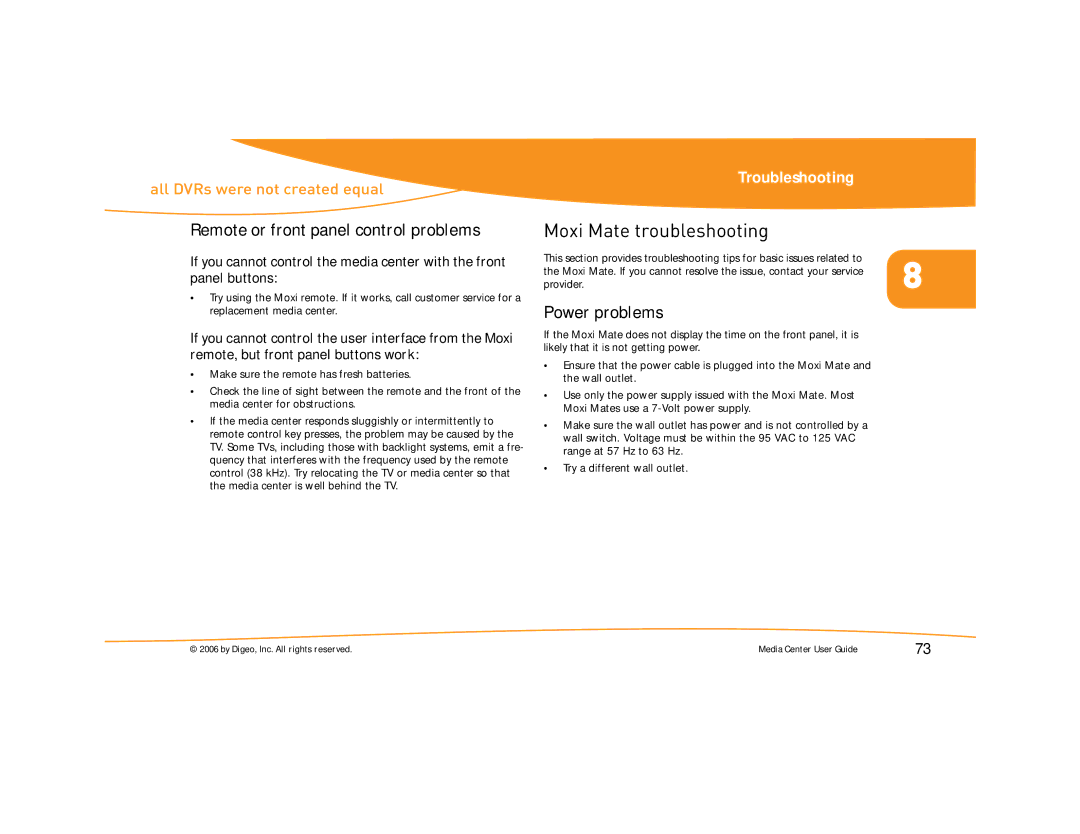 Moxi Version 4.1 manual Moxi Mate troubleshooting, Remote or front panel control problems, Power problems 