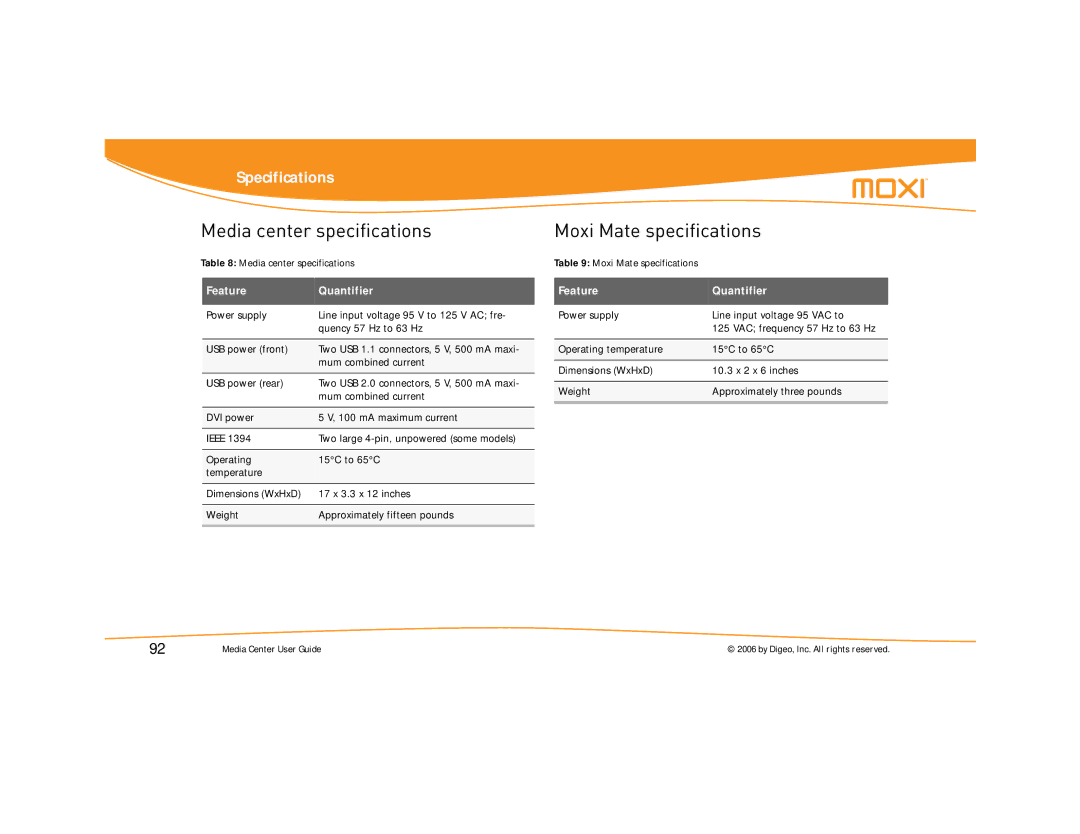 Moxi Version 4.1 manual Media center specifications, Moxi Mate specifications 