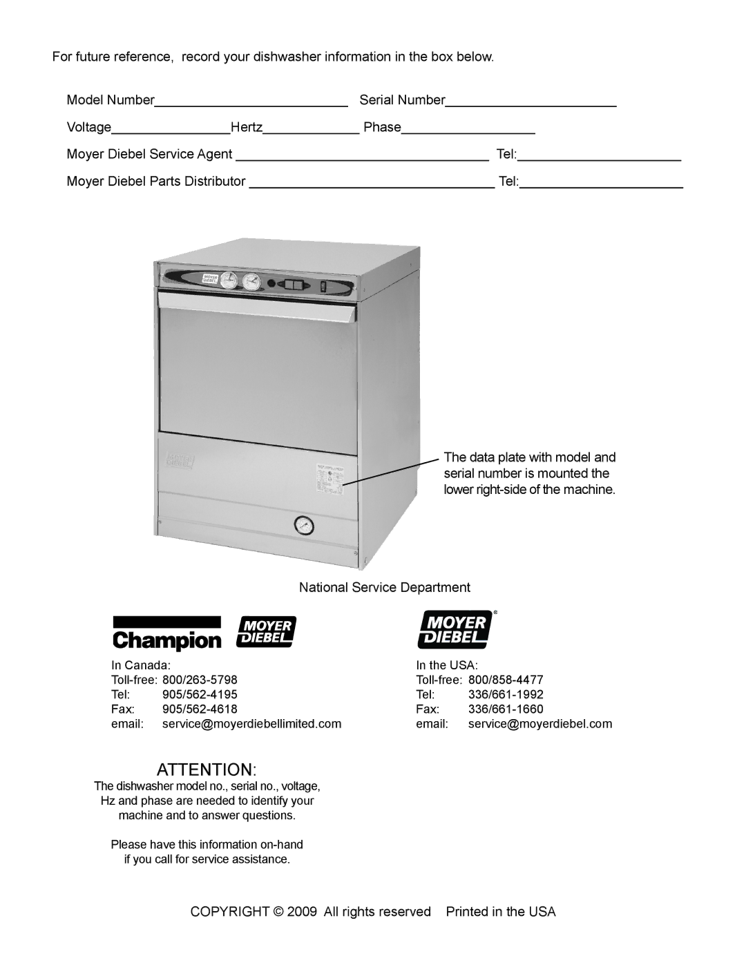 Moyer Diebel 301HT M2 installation manual National Service Department 