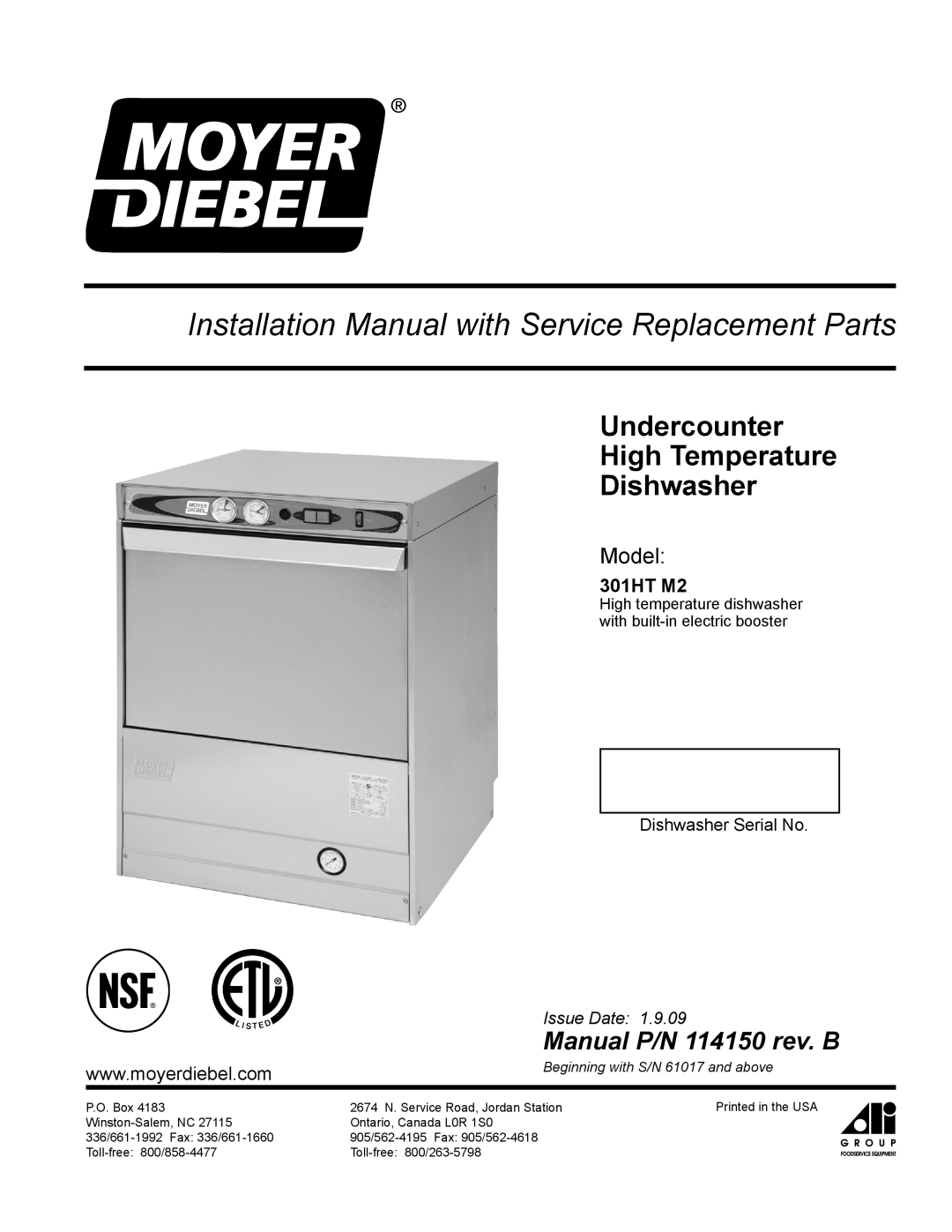 Moyer Diebel 301HT M2 installation manual Undercounter High Temperature Dishwasher, Manual P/N 114150 rev. B 