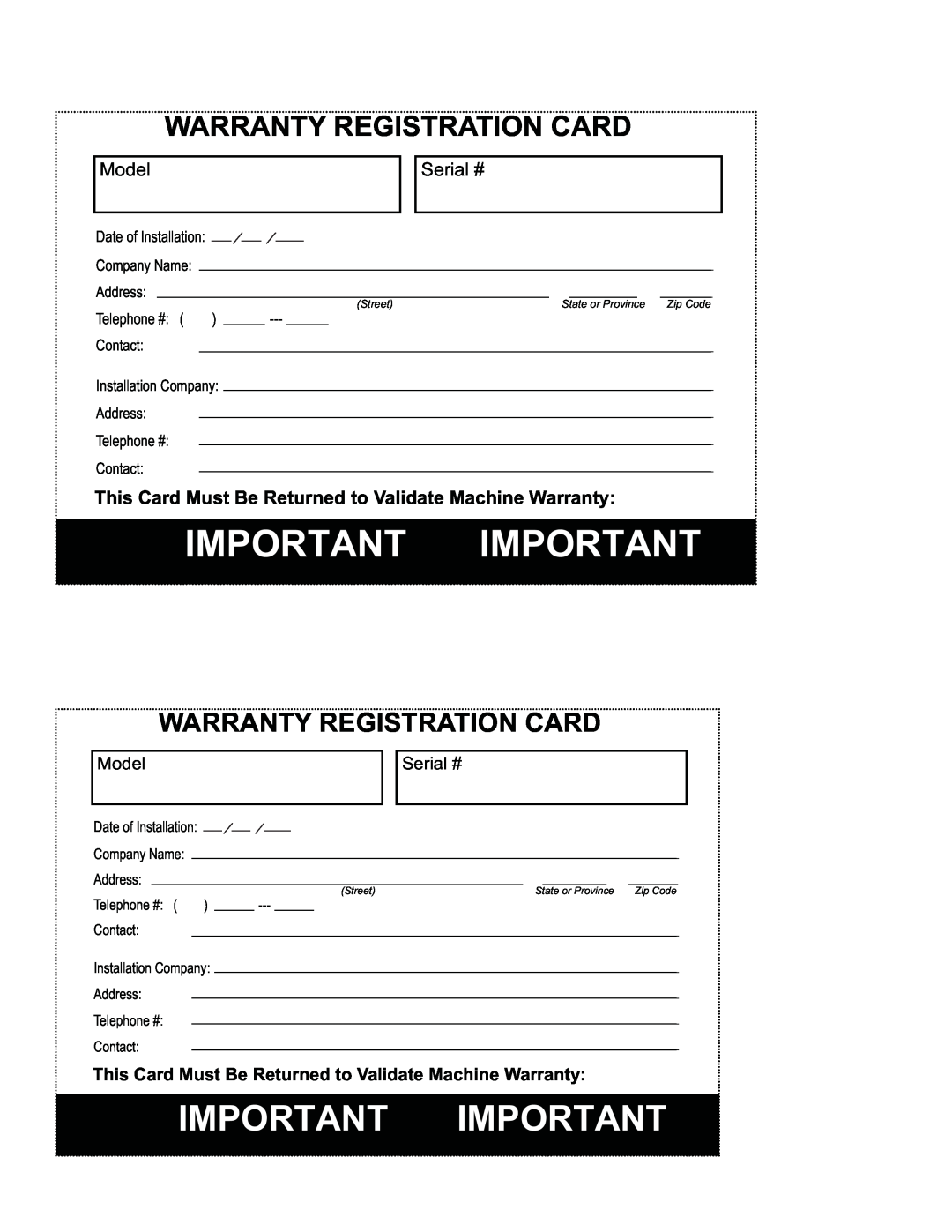 Moyer Diebel 301HT M2 installation manual Warranty Registration Card, Important Important, Model, Serial # 