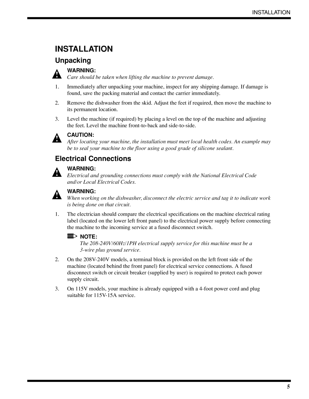 Moyer Diebel 401-HTM2 PLUS, 401-HTNM2 PLUS, 401-LTM2 PLUS technical manual Installation, Unpacking, Electrical Connections 