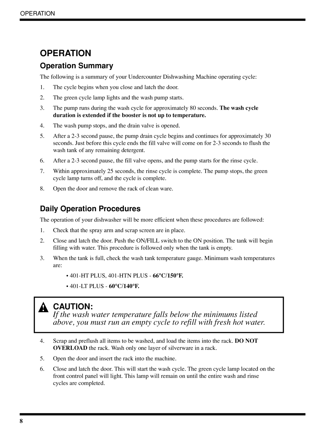 Moyer Diebel 401-HTM2 PLUS, 401-HTNM2 PLUS, 401-LTM2 PLUS technical manual Operation Summary, Daily Operation Procedures 