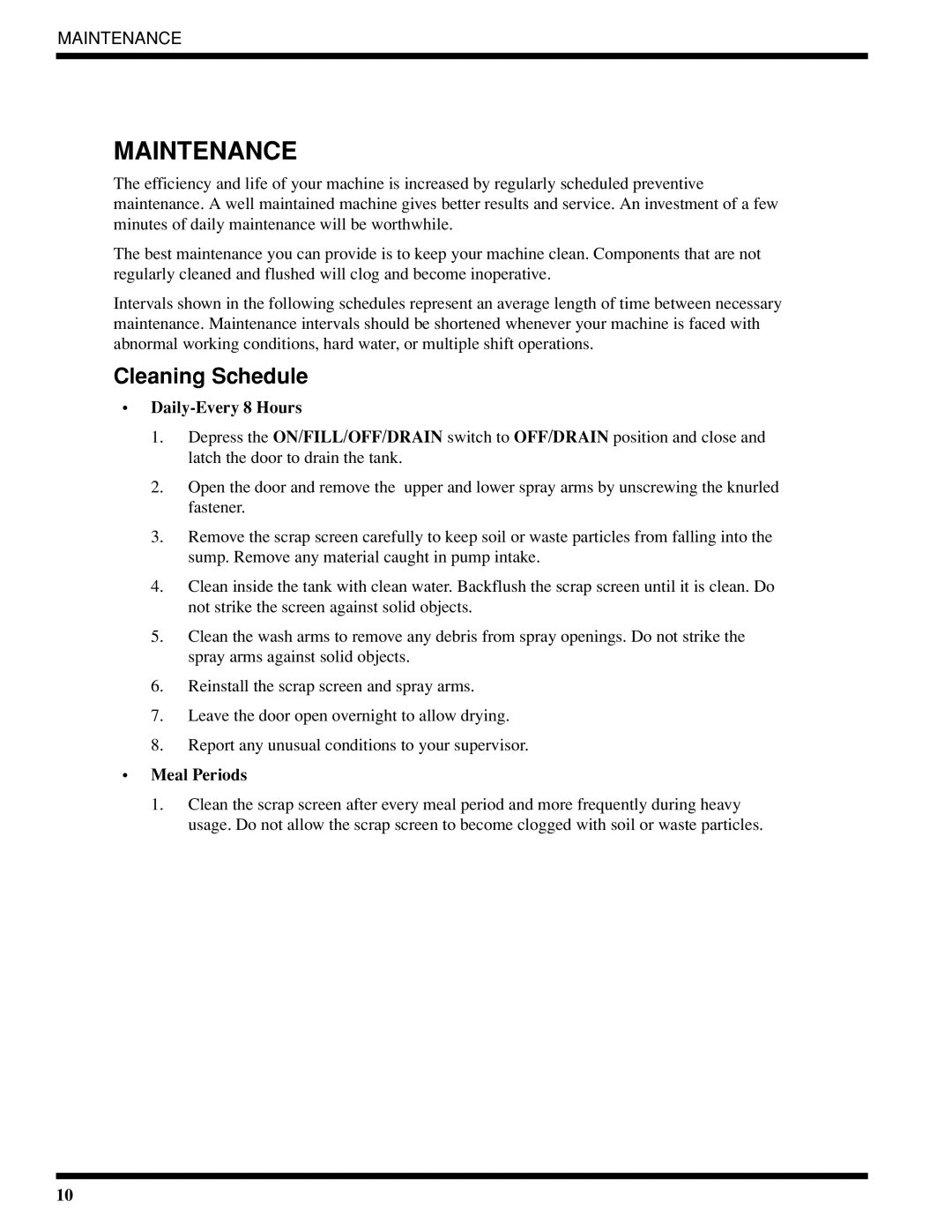 Moyer Diebel 401-LTM2 PLUS, 401-HTNM2 PLUS, 401-HTM2 PLUS technical manual Maintenance, Cleaning Schedule 