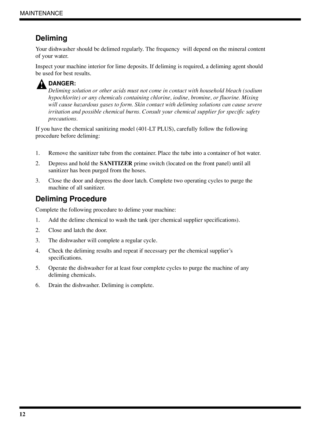 Moyer Diebel 401-HTNM2 PLUS, 401-LTM2 PLUS, 401-HTM2 PLUS technical manual Deliming Procedure 