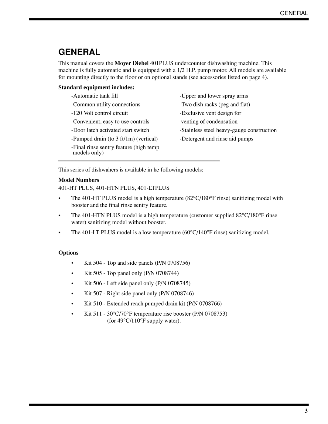 Moyer Diebel 401-HTNM2 PLUS, 401-LTM2 PLUS, 401-HTM2 PLUS technical manual General, Standard equipment includes 