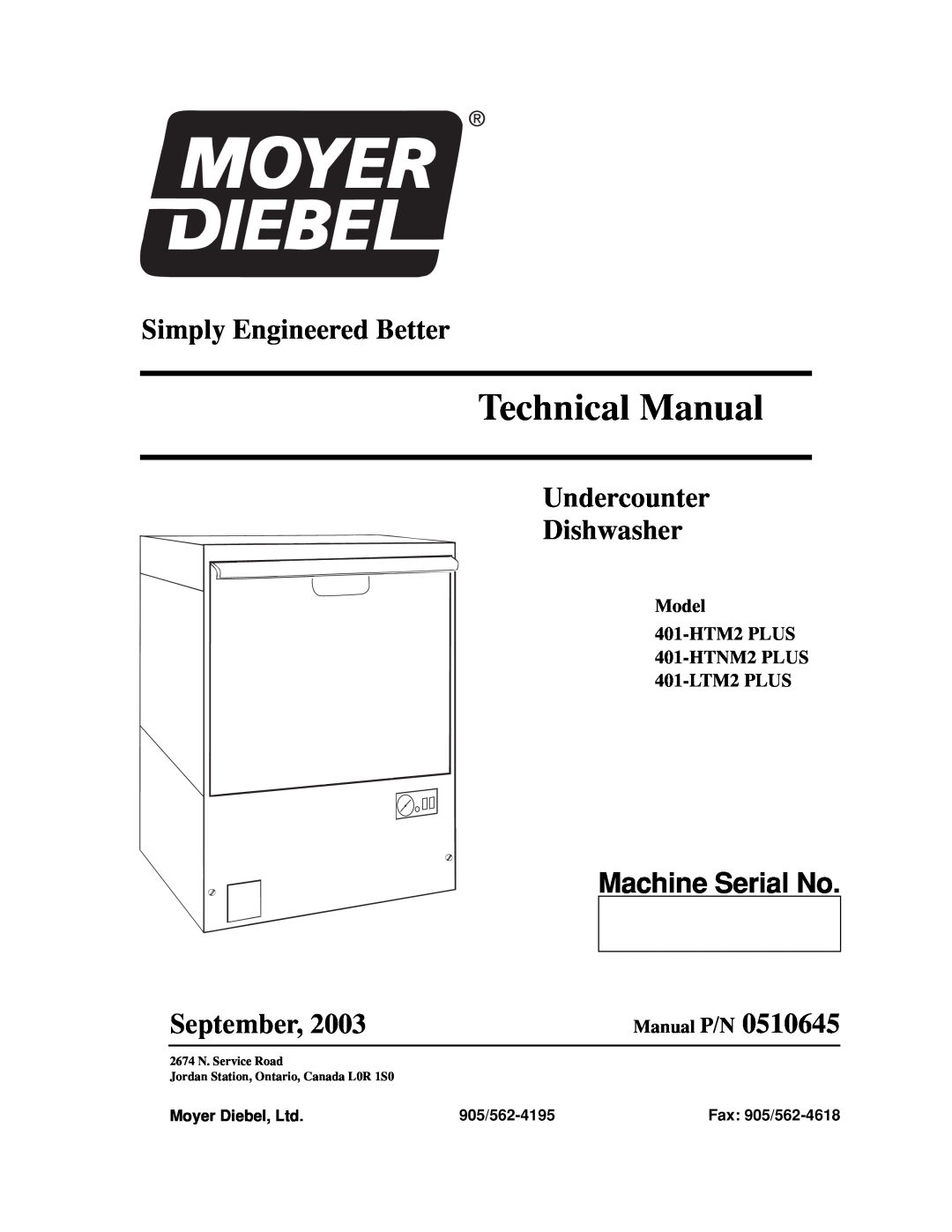 Moyer Diebel 401-LTM2 PLUS technical manual Machine Serial No, Technical Manual, Simply Engineered Better, September 