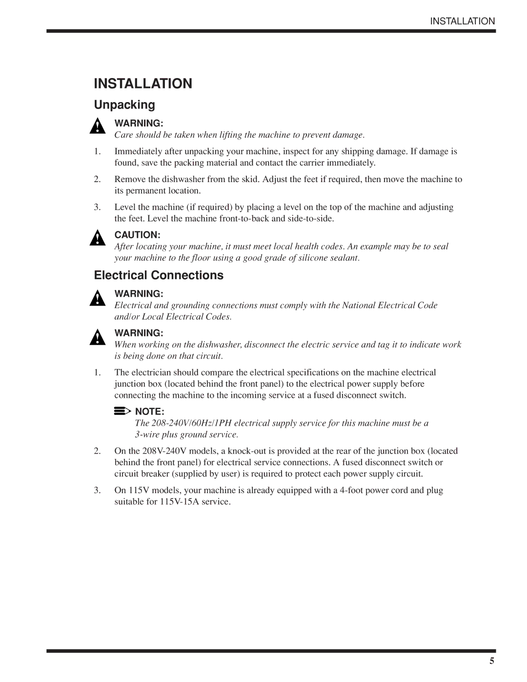 Moyer Diebel 501-LT, 501-HTN technical manual Unpacking, Electrical Connections 