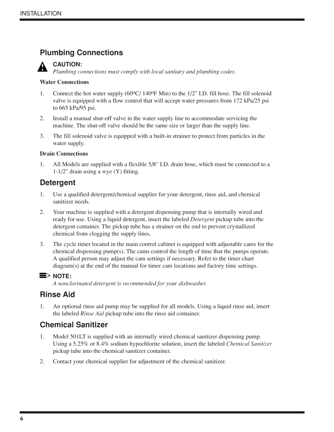 Moyer Diebel 501-HTN, 501-LT technical manual Plumbing Connections, Detergent, Rinse Aid, Chemical Sanitizer 