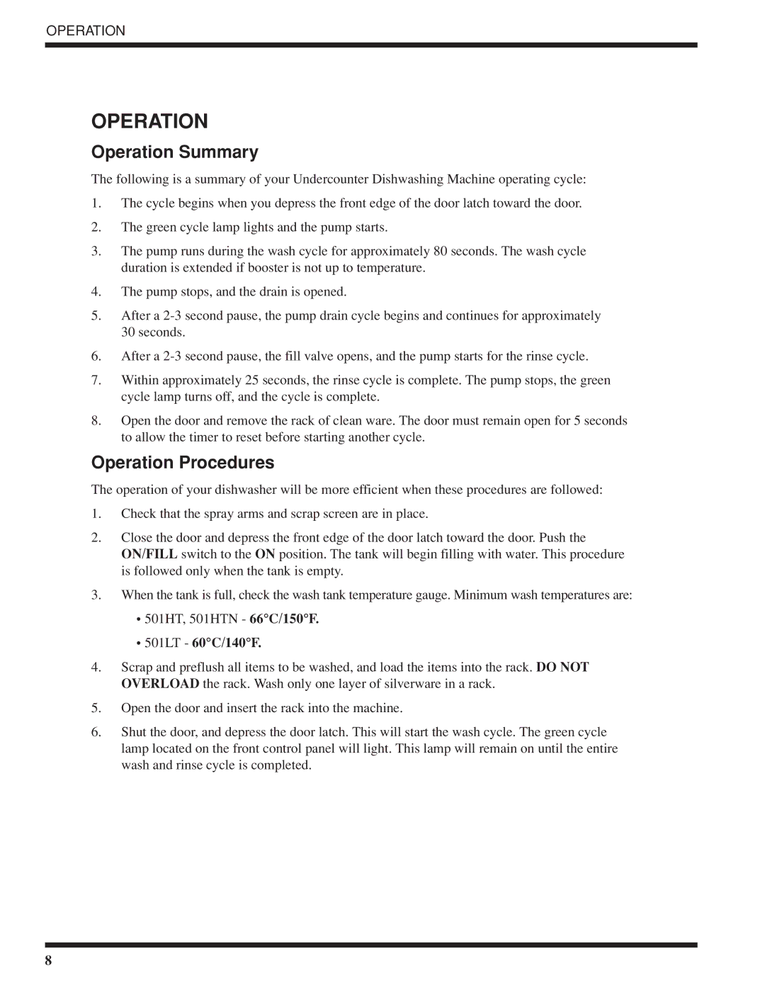 Moyer Diebel 501-LT, 501-HTN technical manual Operation Summary, Operation Procedures, 501LT 60C/140F 