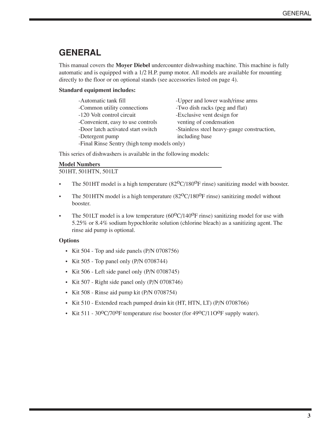 Moyer Diebel 501-HTN, 501-LT technical manual Standard equipment includes, Model Numbers, Options 