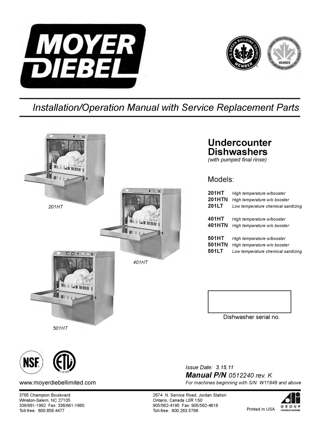 Moyer Diebel 501HTN, 401HTN, 201LT, 501LT, 201HTN manual Undercounter Dishwashers 