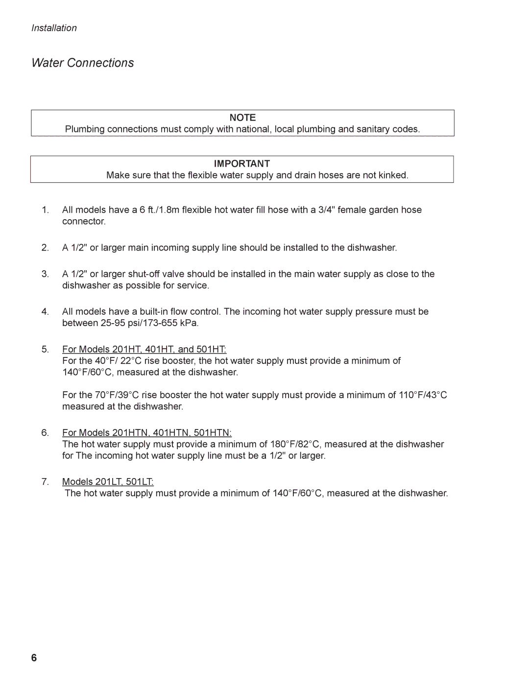 Moyer Diebel 501HTN, 401HTN, 201LT, 501LT, 201HTN manual Water Connections 