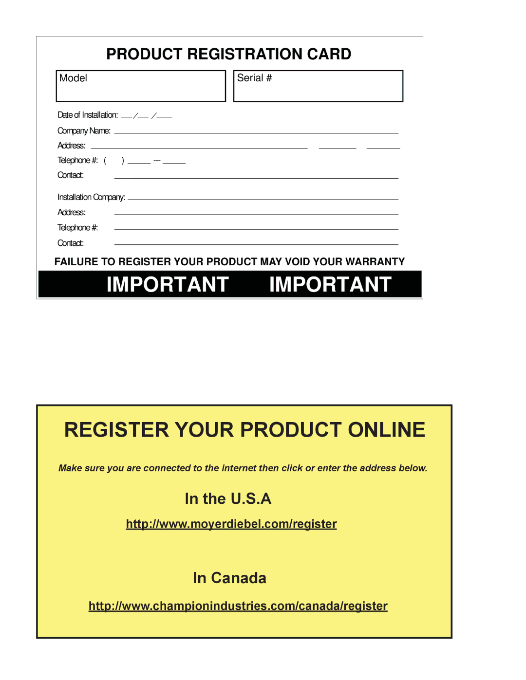 Moyer Diebel 501LT, 501HTN, 401HTN, 201LT, 201HTN manual Product Registration Card 