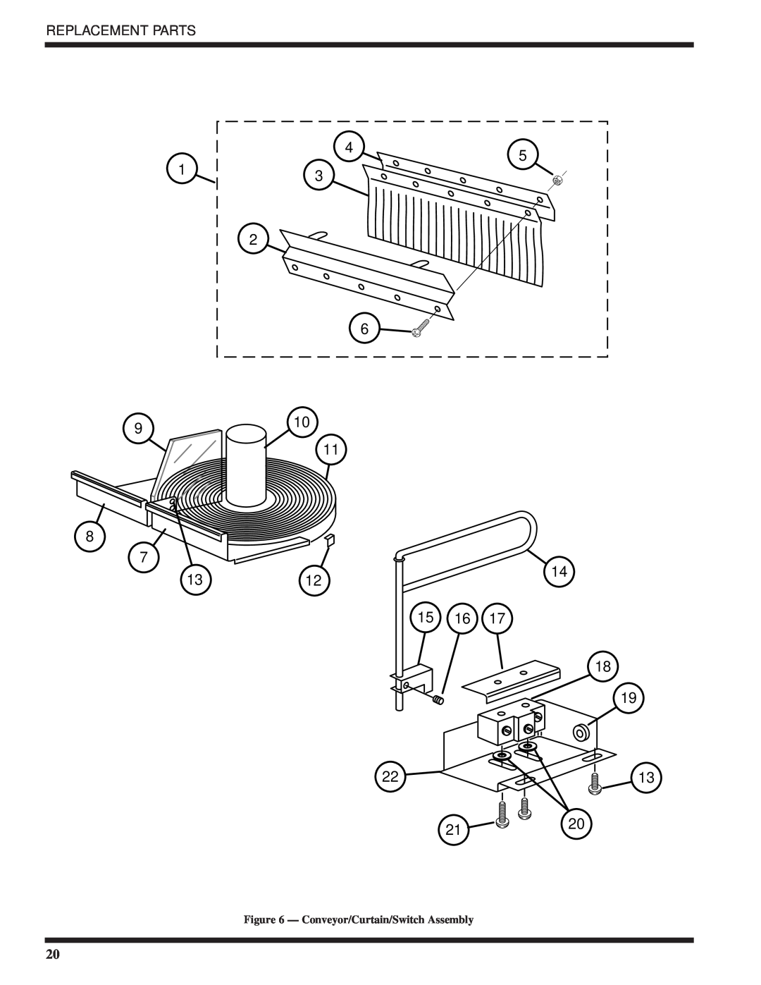 Moyer Diebel DF1-M6, DF-M6, DF2-M6 technical manual 1312, Replacement Parts, Conveyor/Curtain/Switch Assembly 