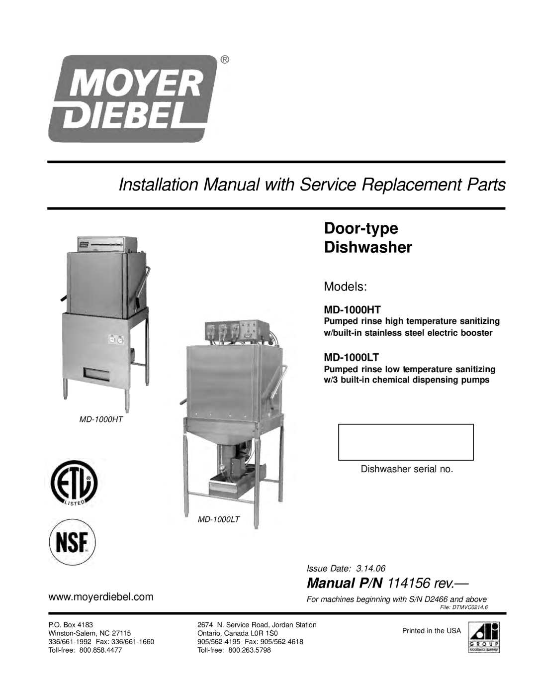 Moyer Diebel MD1000HT, MD-1000LT manual Installation Manual with Service Replacement Parts 