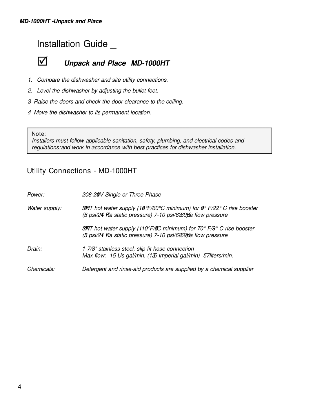 Moyer Diebel MD-1000LT, MD1000HT manual Utility Connections MD-1000HT 