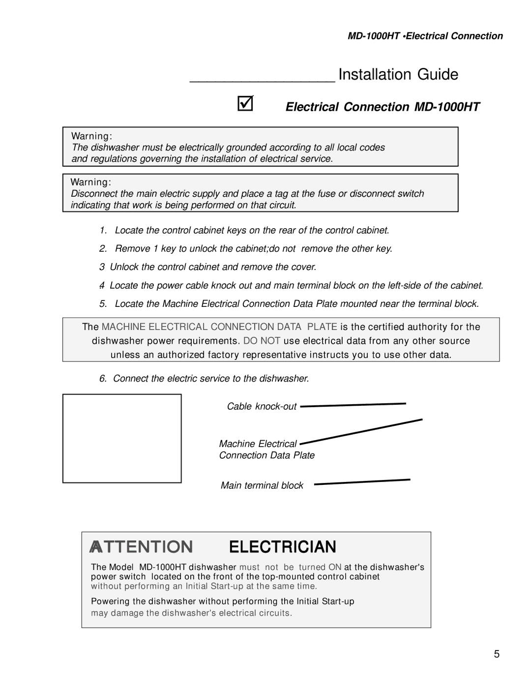 Moyer Diebel MD1000HT, MD-1000LT manual Electrical Connection MD-1000HT, MD-1000HT Electrical Connection 