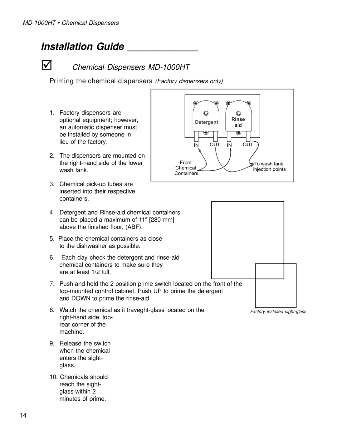 Moyer Diebel MD-1000LT, MD1000HT manual Priming the chemical dispensers Factory dispensers only 