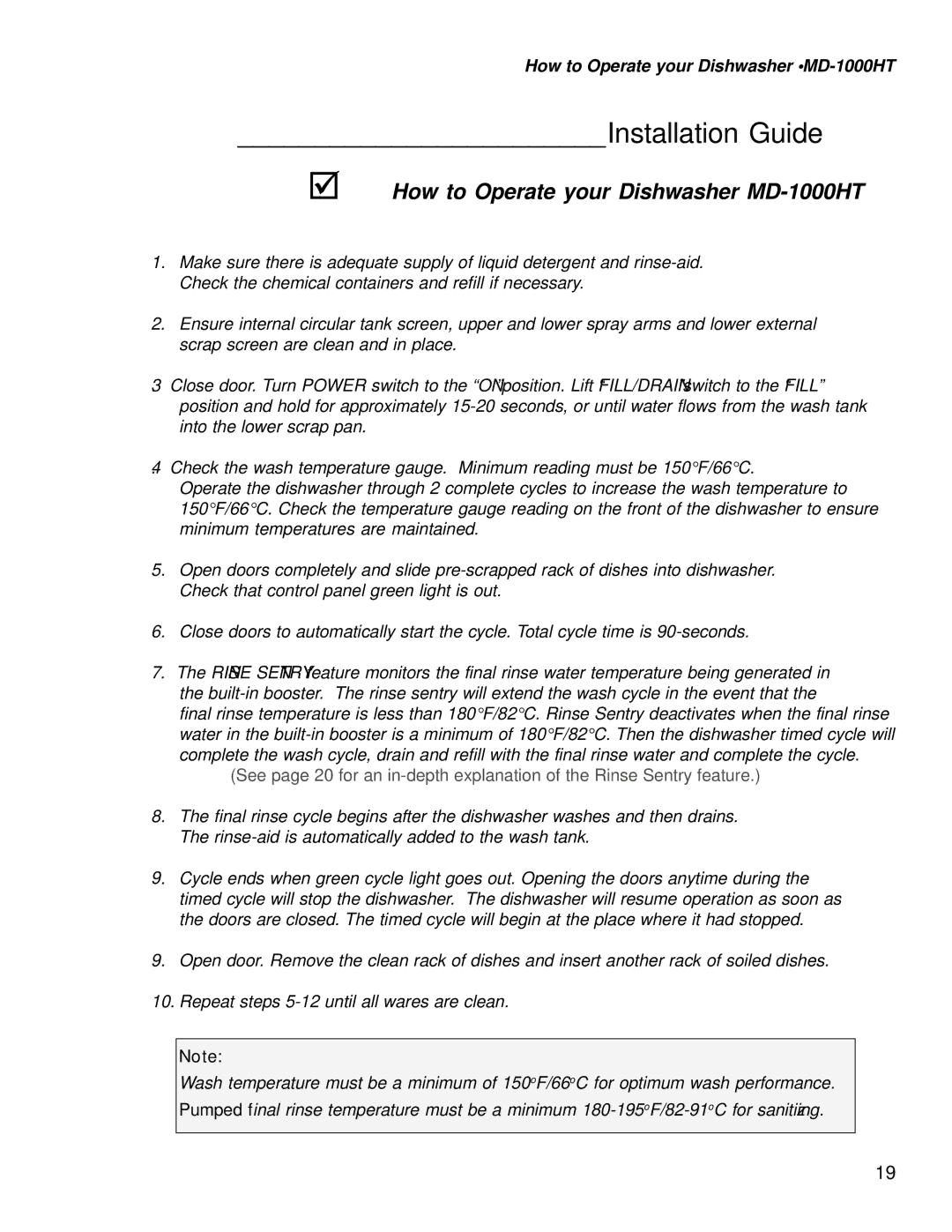 Moyer Diebel MD1000HT, MD-1000LT manual How to Operate your Dishwasher MD-1000HT 