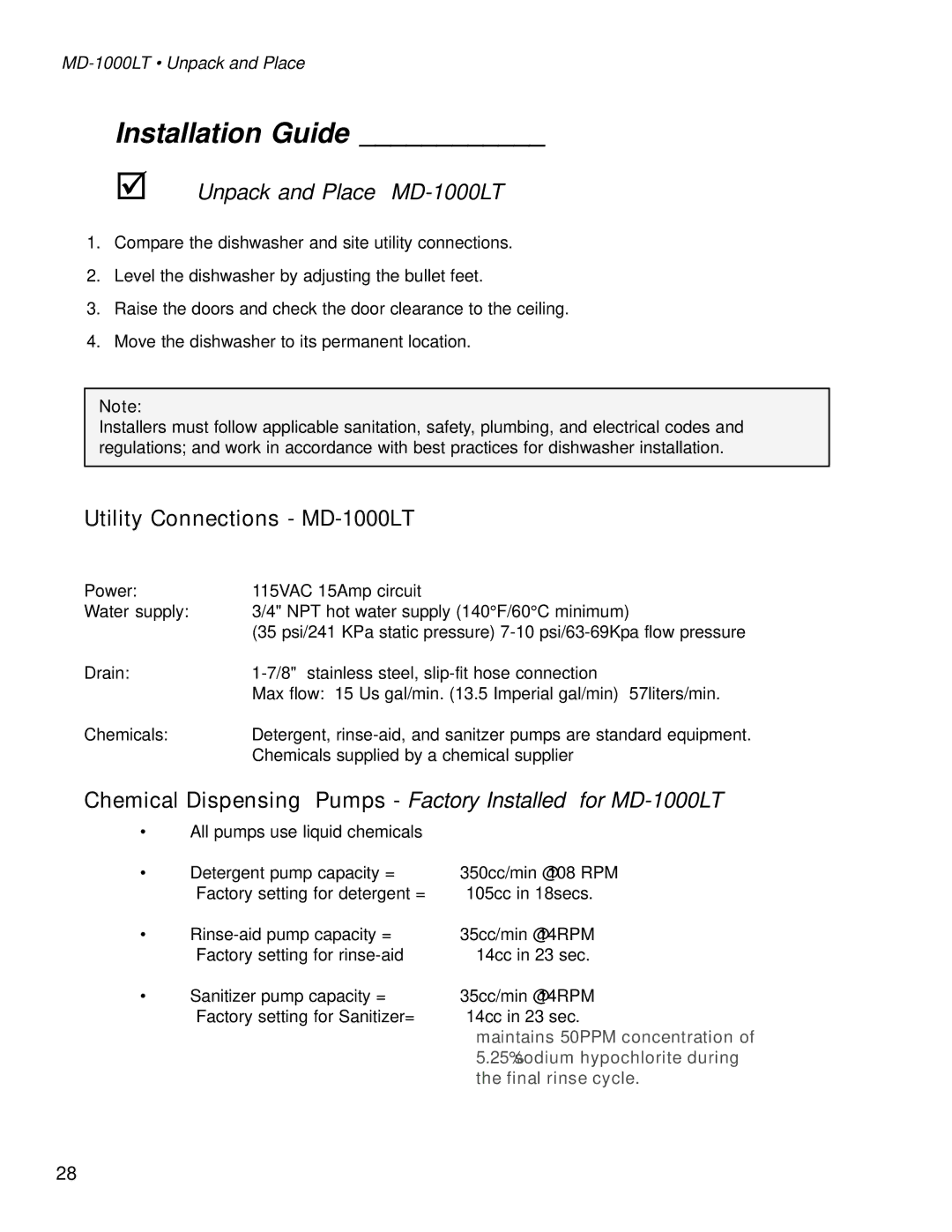 Moyer Diebel MD1000HT manual Utility Connections MD-1000LT, Chemical Dispensing Pumps Factory Installed for MD-1000LT 