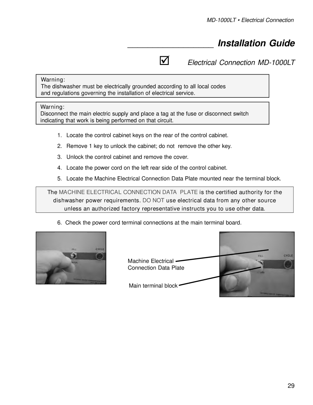 Moyer Diebel MD1000HT manual Electrical Connection MD-1000LT, MD-1000LT Electrical Connection 