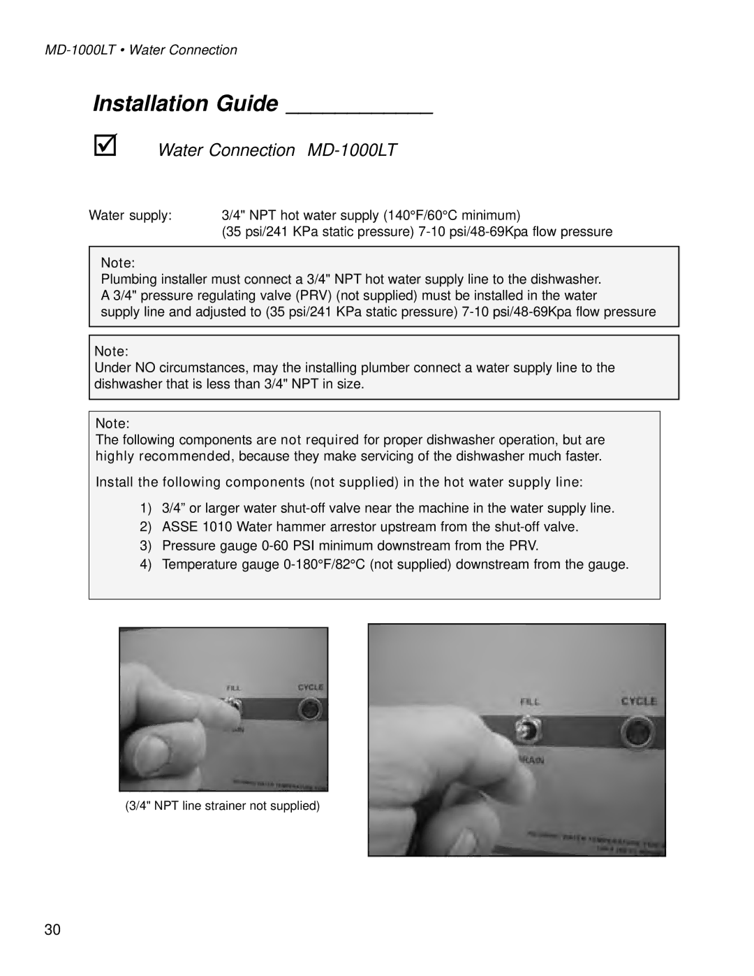 Moyer Diebel MD1000HT manual Water Connection MD-1000LT, MD-1000LT Water Connection 