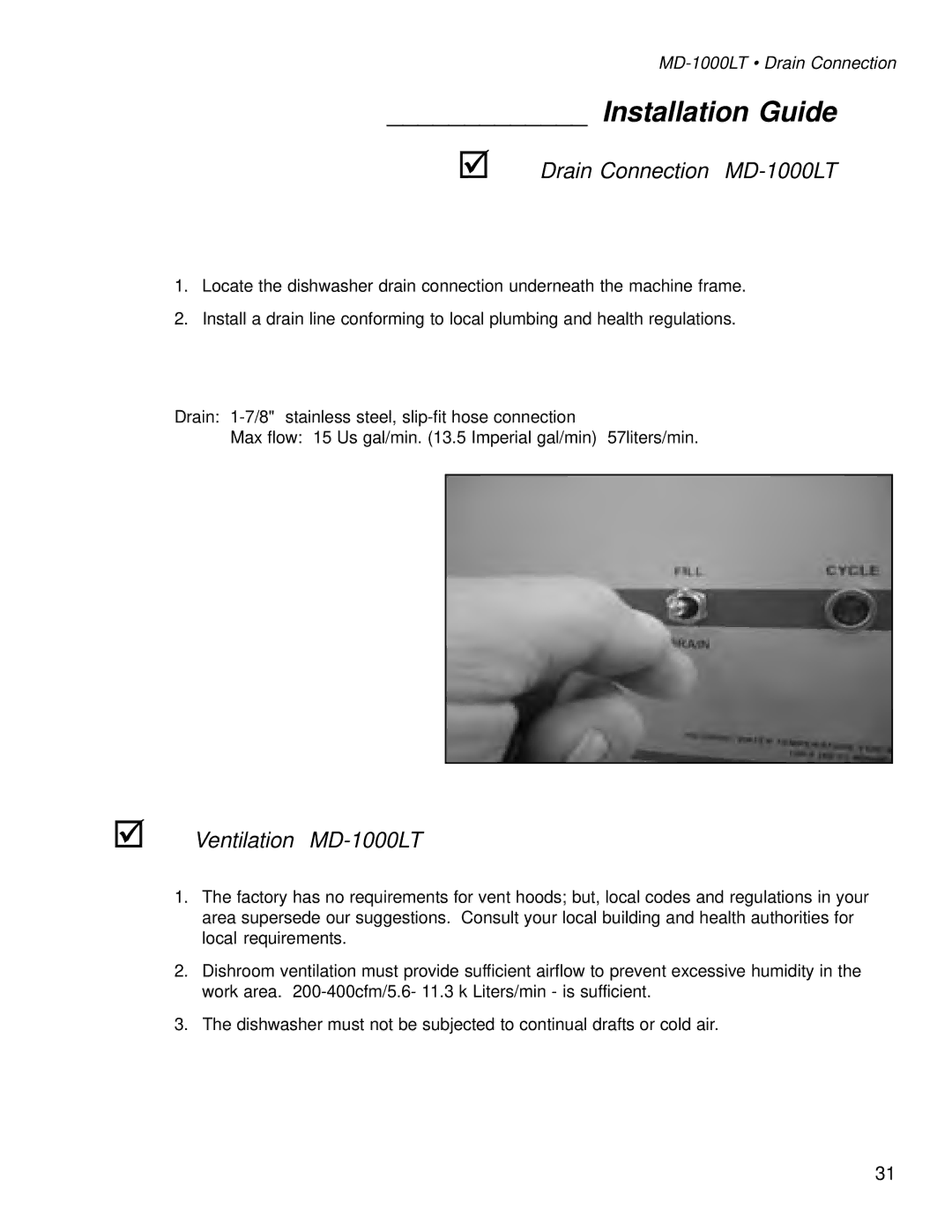 Moyer Diebel MD1000HT manual Drain Connection MD-1000LT, Ventilation MD-1000LT, MD-1000LT Drain Connection 