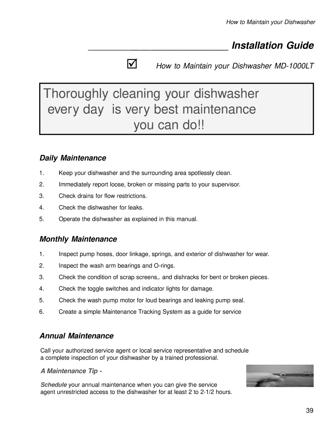 Moyer Diebel MD1000HT manual How to Maintain your Dishwasher MD-1000LT 