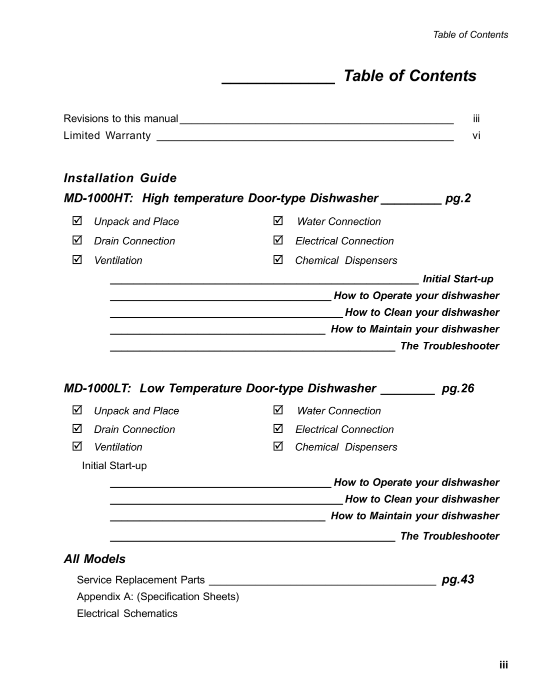 Moyer Diebel MD1000HT, MD-1000LT manual Table of Contents 