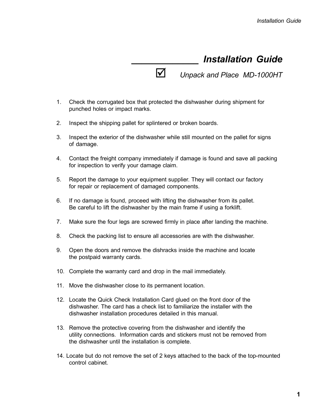 Moyer Diebel MD1000HT, MD-1000LT manual Unpack and Place MD-1000HT, Installation Guide 