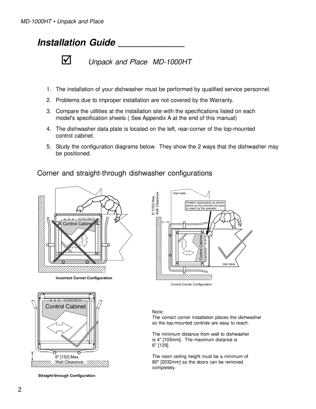 Moyer Diebel MD-1000LT, MD1000HT manual Corner and straight-through dishwasher configurations, MD-1000HT Unpack and Place 