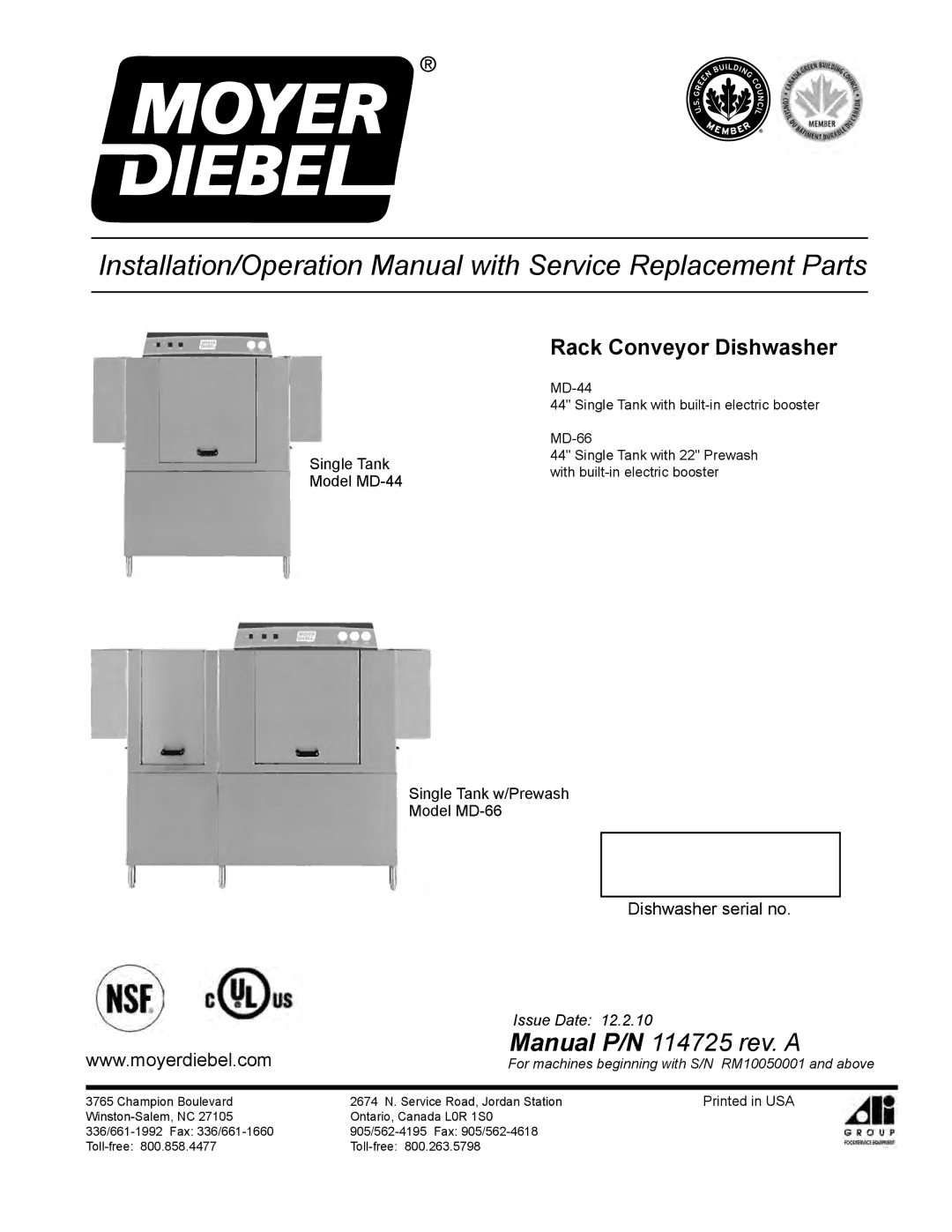 Moyer Diebel MD-44, MD-66 operation manual Manual P/N 114725 rev. a 