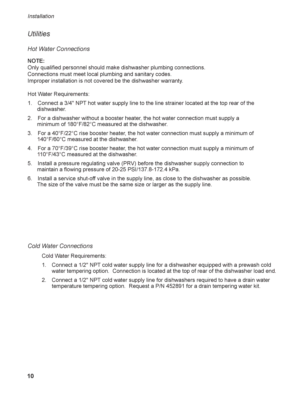 Moyer Diebel MD-66, MD-44 operation manual Utilities, Hot Water Connections 